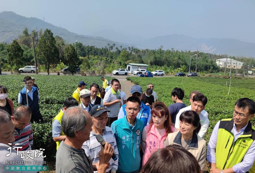 蔡培慧執行長會同行政院農委會陳吉仲主委到竹山山坪頂茶園現勘並與南投茶農乾旱受損座談，加速天然災害救助，共3張圖片